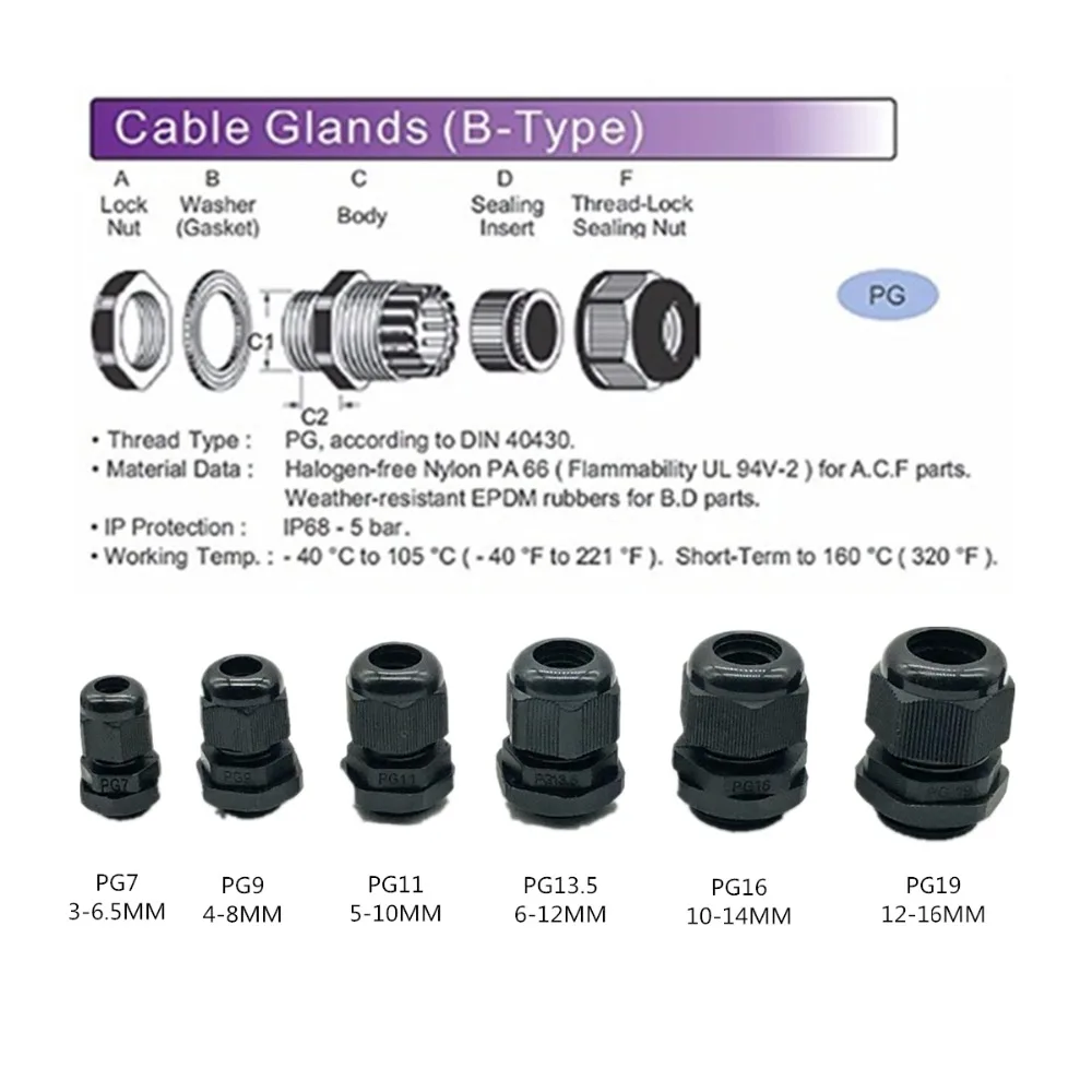 IP68 PG7 for 3-6.5mm PG9 PG11 PG13.5 PG16 PG19 PG21 PG24 PG25 PG29 Wire CE Black Waterproof Nylon Plastic Cable Gland Connector