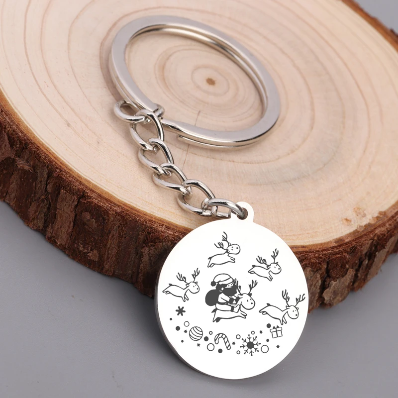 Stick Figure Santa Claus And Elk Dangle Round Keychain For Christmas New Year Exclusive Gift Tree Decoration | Украшения и