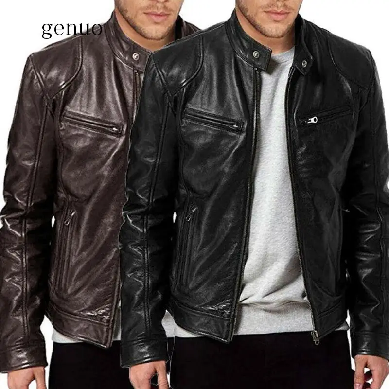 Мужская куртка из искусственной кожи облегающее теплое мотоциклетное пальто