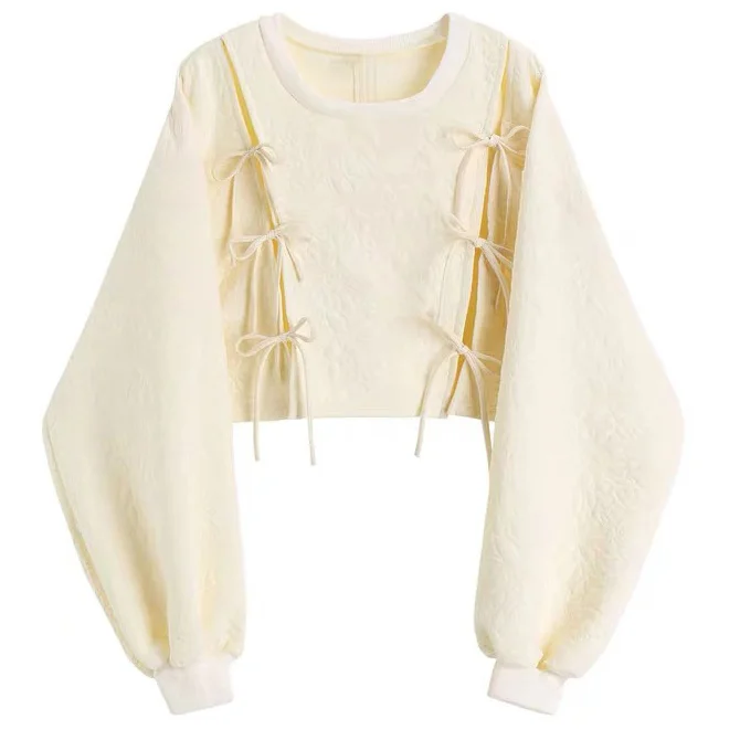 

LANMREM 2021 Autumn Bow Bandage Round-neck Long-sleeved Short All-match Sweet White Sweatshirt For Women Fashion Tide 2A2256