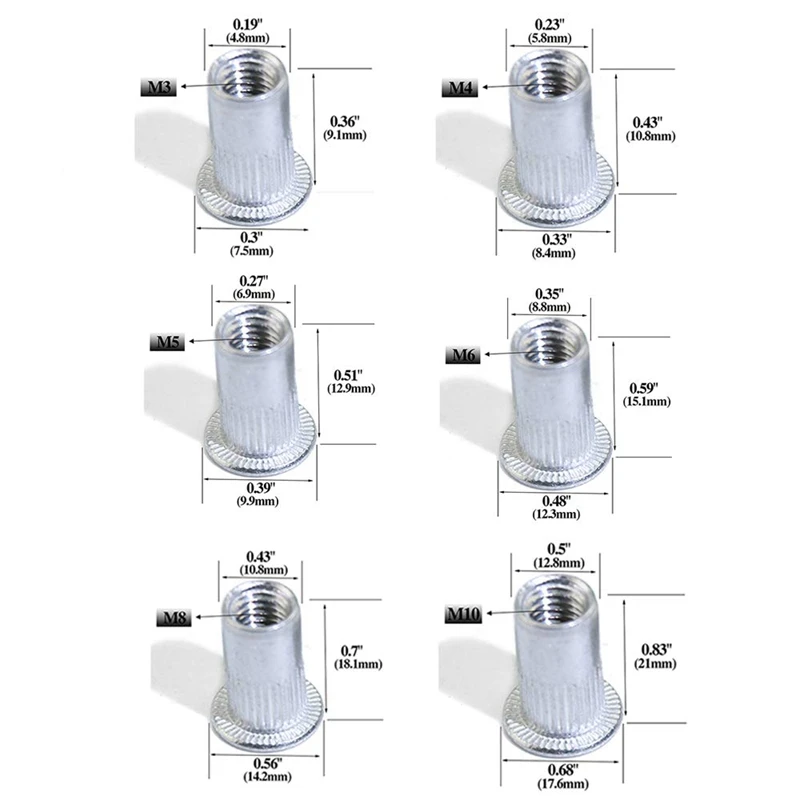 HTHL-190Pcs алюминиевый сплав Rivnut плоская головка Резьбовая вставка крышка M3 M4 M5 M6 M8 M10