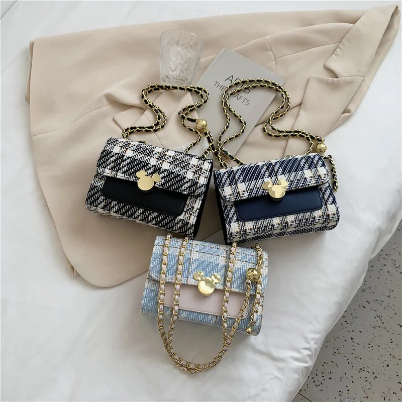 

2021 New Mickey Mouse Lock Bag Female Fashion Chain Shoulder Messenger Bag Plaid Texture Casual Underarm Bag