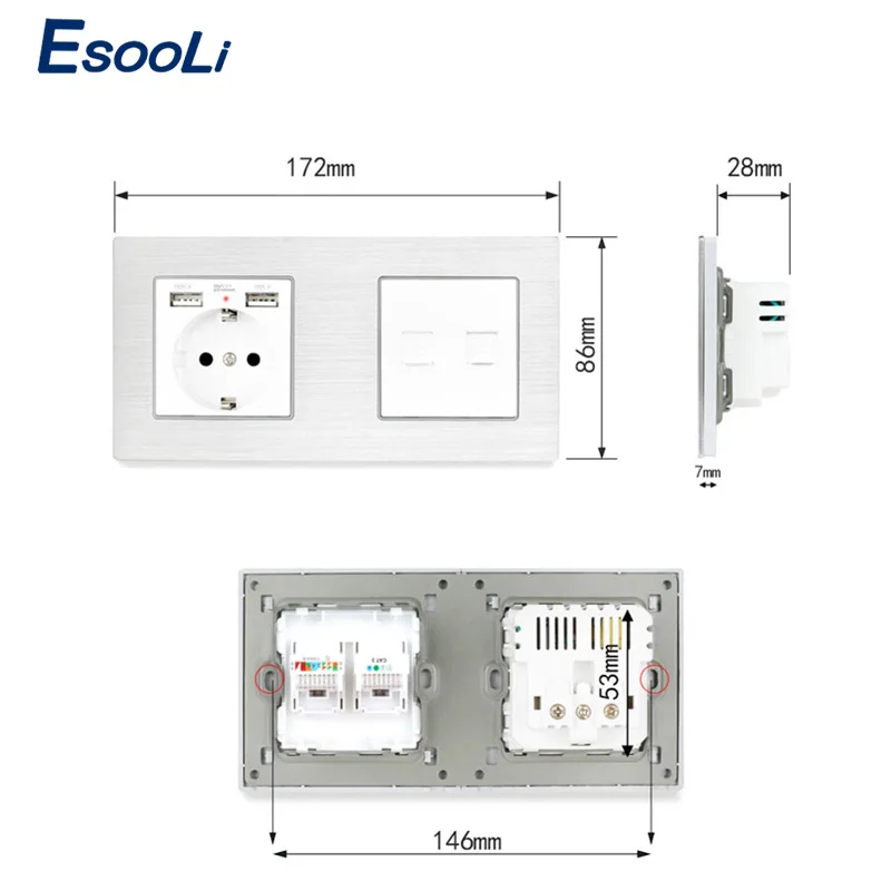 Esooli алюминиевая панель ЕС розетка с 2 USB + RJ11 телефонный разъем RJ45 данных