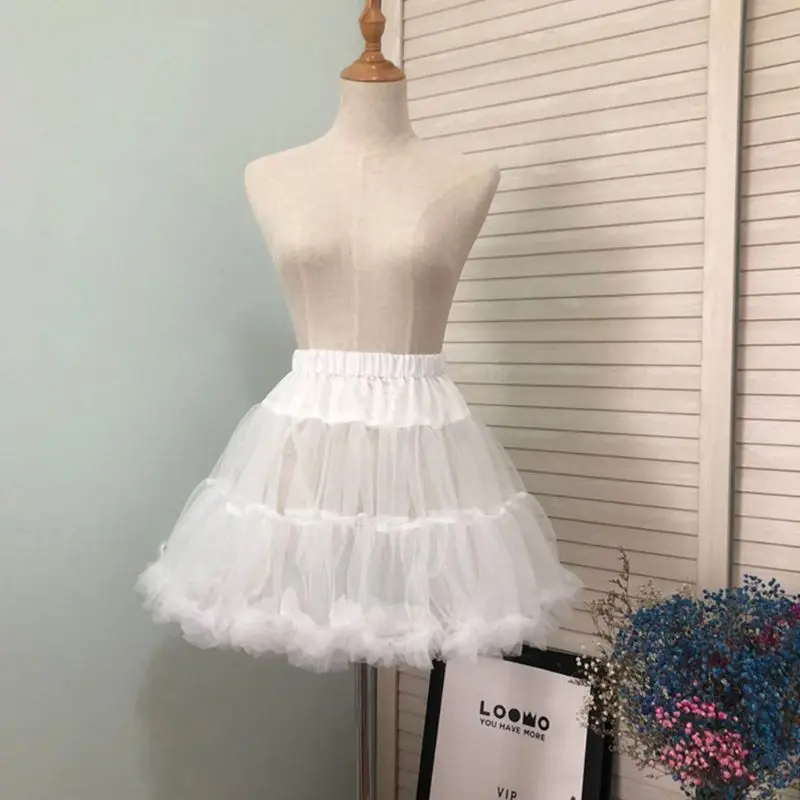 Women Girls Ruffled Short Petticoat Solid White Color Fluffy Bubble Tutu Skirt Puffy Half Slip Prom Crinoline Underskirt No