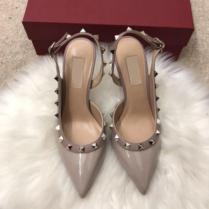 1 Women Dress Shoes rock Patent High Heels stud Pumps Rivets Real Leather Pointed Toe Wedding Shoes Gift Party Shoes - Цвет: 1