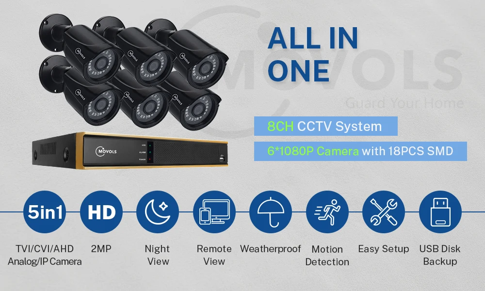 MOVOLS 1080P CCTV камера системы 6 шт наружная/Внутренняя IR-CUT камера безопасности 2MP 5 в 1 DVR P2P водонепроницаемая система наблюдения комплект
