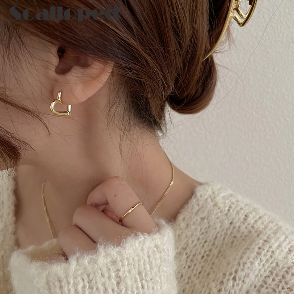 SCALLOPED Streetstyle Piercing Hoop Earrings For Women Heart Design Daily Fashion Gold Plated Copper Alloy Jewelry Gift Brincos