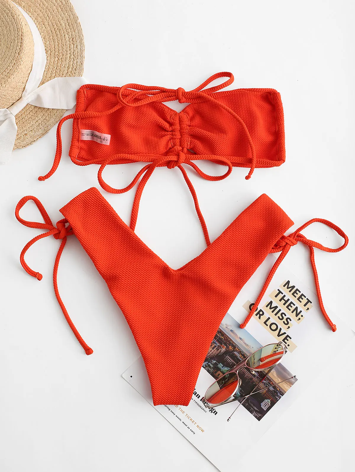 ZAFUL ярко-оранжевое текстурированное Cinched бикини с высокой талией купальник для