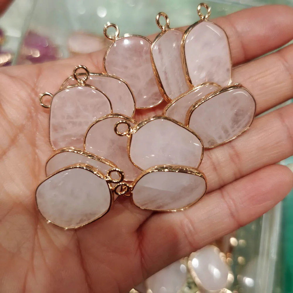

Fashion Natural rose quartz stone gold colour Single hole Connector pendant for jewelry making Bracelet accessories 12pc