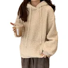 Женская толстовка с имитацией овечьей шерсти, повседневный Однотонный пуловер свободного покроя с милыми медвежьими ушками и карманами, Осень-зима 2021