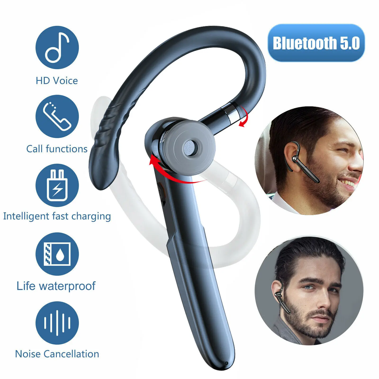 

Wireless Headset Bluetooth 5.0 Earpiece Driving Trucker Noise Cancelling Earbuds Business Style Rotating Ear in-ear Stereo