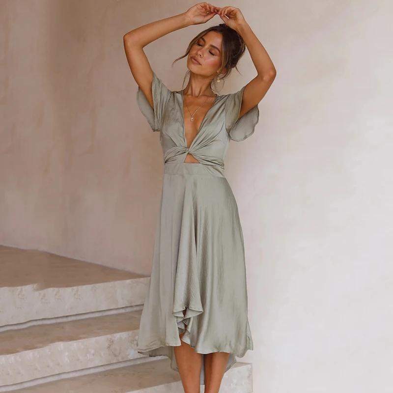 Ardm Sexy V Cou платьел етнее2021 Évider Robes En Satin Vintage Volantée À Lacets Manches Pétales L'asymétrie Fête Maxi Robe