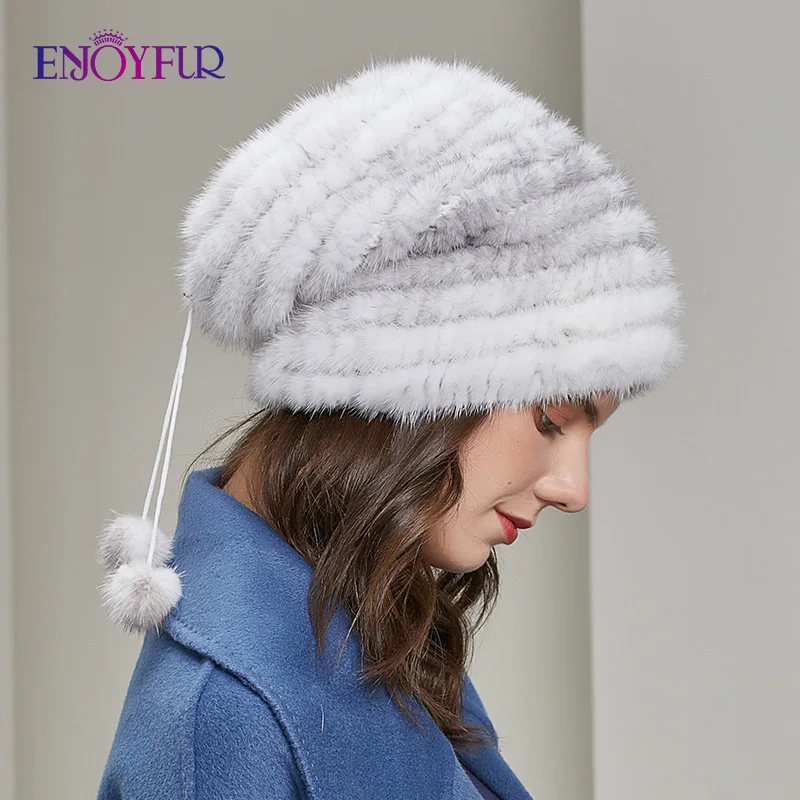 Женская шапка бини ENJOYFUR, свободная повседневная шапка большого размера из натурального меха норки и лисы, зимняя, теплые шляпки