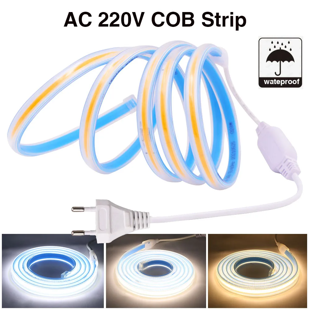 

COB LED Strip AC 220V 240V EU Plug High Density RA90 3000K 4000K 6000K White Flexible Ribbon FOB COB LED Light