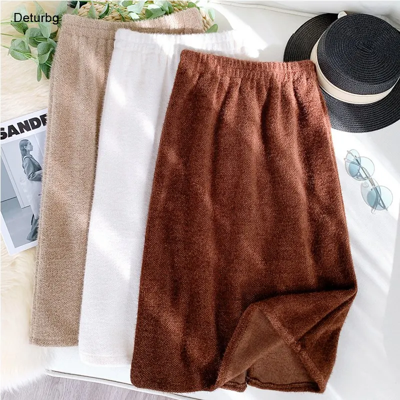 

Women's Micro Mink Fleece Knitted Midi Skirt Female High Waist Back Splits Velvet Soft Warm Straight Skirts 2021 Winter Sk986