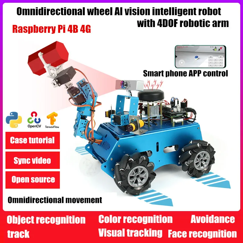 Verkaufen Raspberry Pi 4B Robotic Arm Vision Roboter Mecanum Omnidirektionale Rad Unmontiert Kit OpenCV Gesicht Anerkennung Gimbal