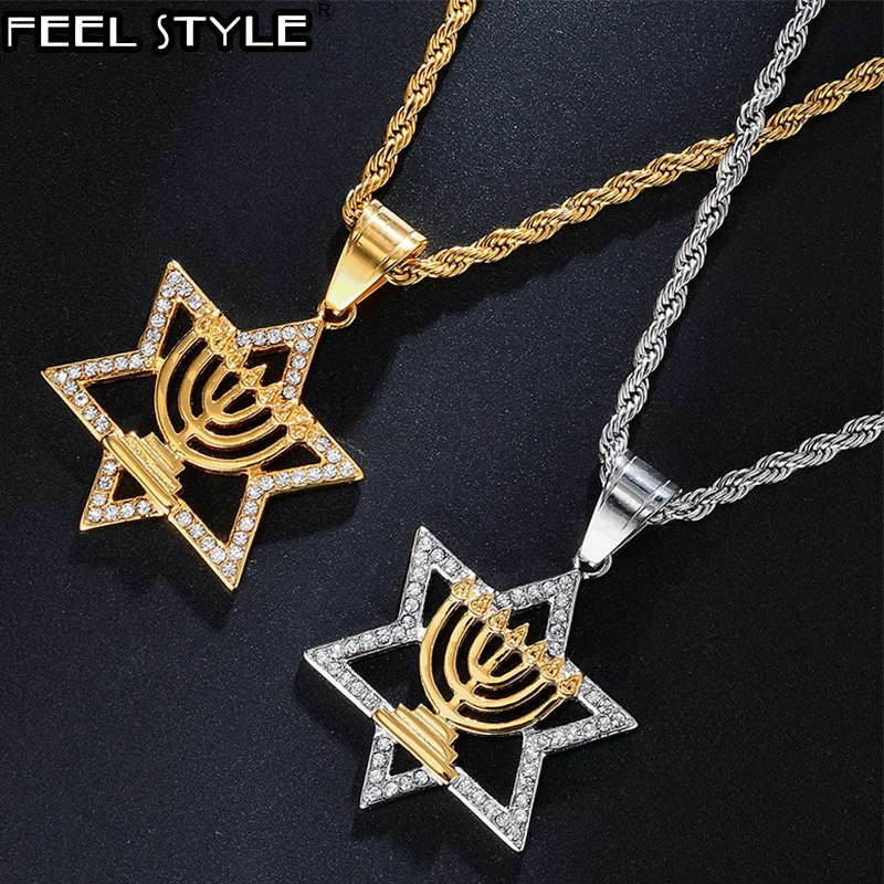 Хип хоп Bling Iced Out Bright Star of David AAA Rhinestone из нержавеющей стали подвески и ожерелья для