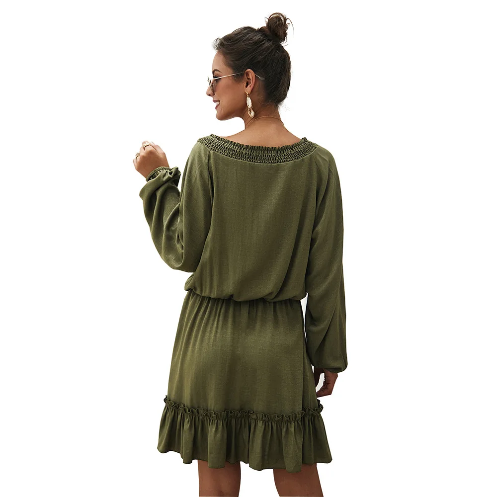 

Autumn Midi Dress 2021 Ruffle Casual Solid Bandage V Neck Designer Long Sleeve High Quality Women Fashion Clothes New Arrival