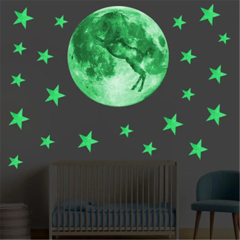 Светящиеся луна звезды Единорог настенные наклейки для детской комнаты детская