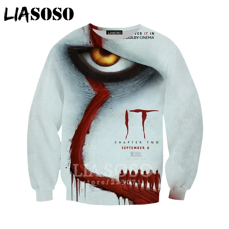 LIASOSO New Men Women Pennywise Sweatshirt 3D Print Horror Movie It Chapter Two Clown T Shirt Top Hoodies O Neck Pullover A305-6 | Мужская