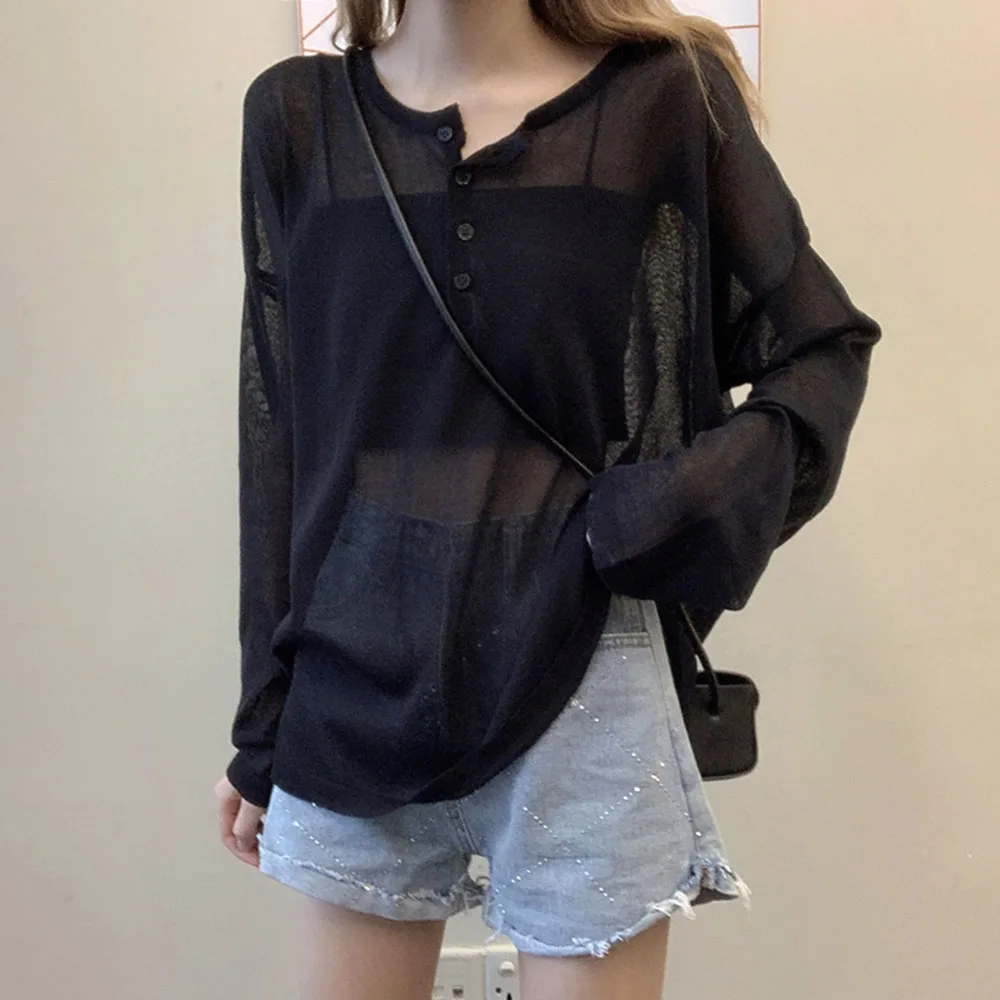 

2021 Sunscreen Tshirt Women Korean Style Chic See Through Tops Tees Loose Summer Tshirts Long Sleeve Casual Trips Black White