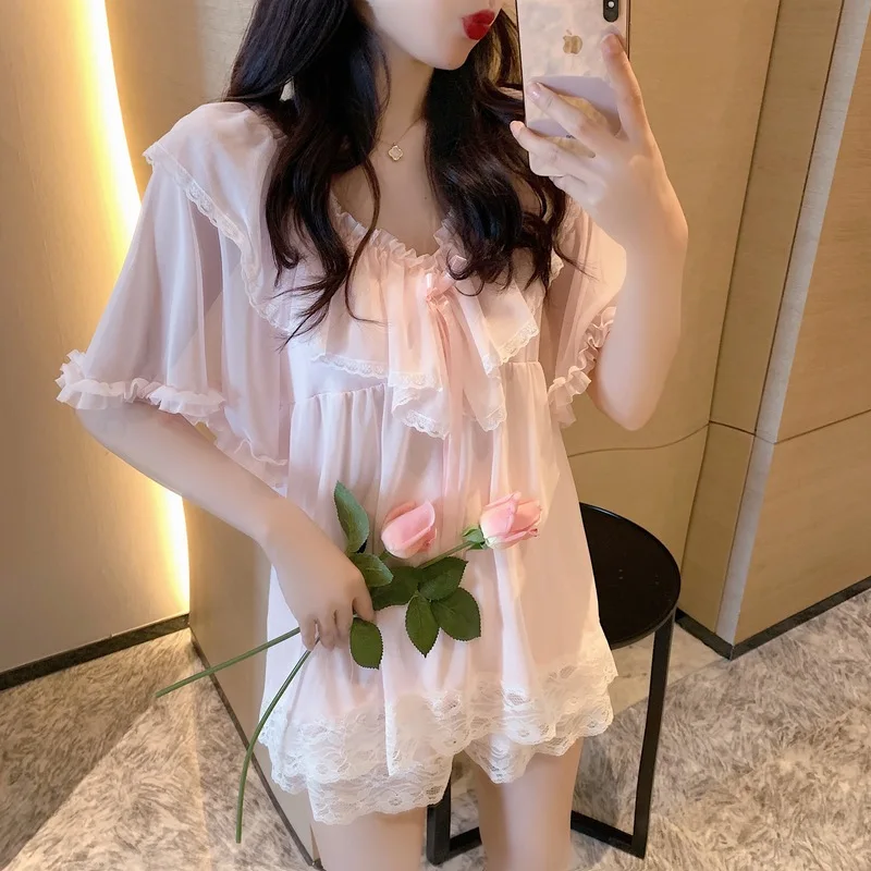 2021 Spring and Summer New Trendy Cute Pajamas Suit with Chest Pad Sexy Lace Stitching Two-piece Outer Wear Home Service