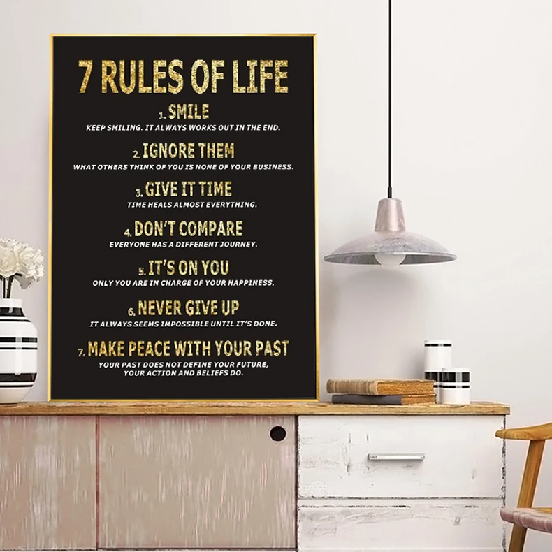 7 правил жизни мотивационные плакат и печать золотой картина с цитатой для