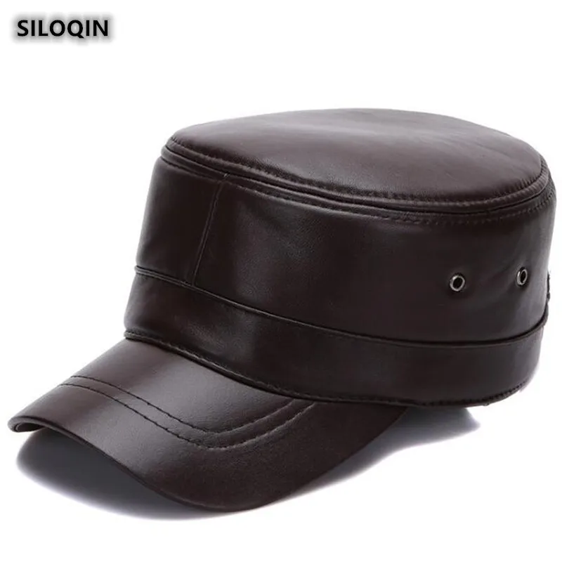 

SILOQIN Adjustable Size Genuine Leather Hat Men's Flat Cap Snapback Autumn Winter Fashion Sheepskin Military Hats For Women's Personality Elegant Trend Brands Leisure Tongue Caps Unisex Thermal Cap