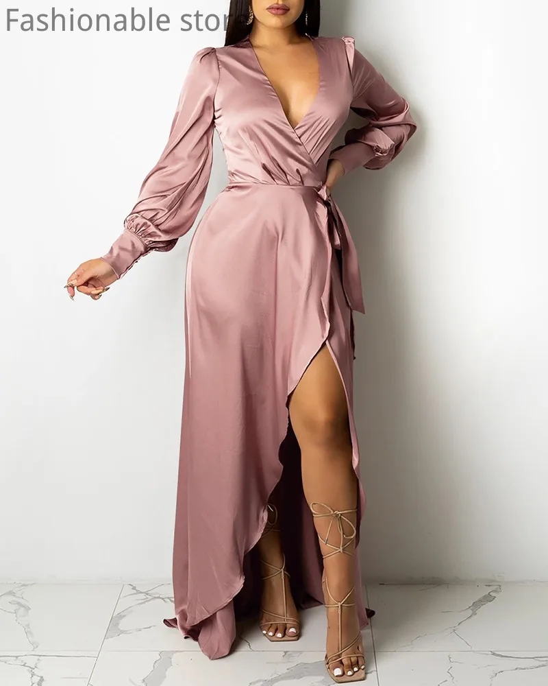 

Женское асимметривечерние однотонное платье с рукавами-фонариками и высоким разрезом