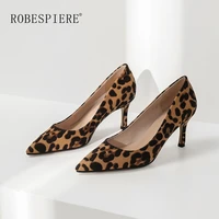 robespiere quality flock leopard womens pumps sexy thin heels pointed toe party shoes slip on wedding dress ladies pumps a54