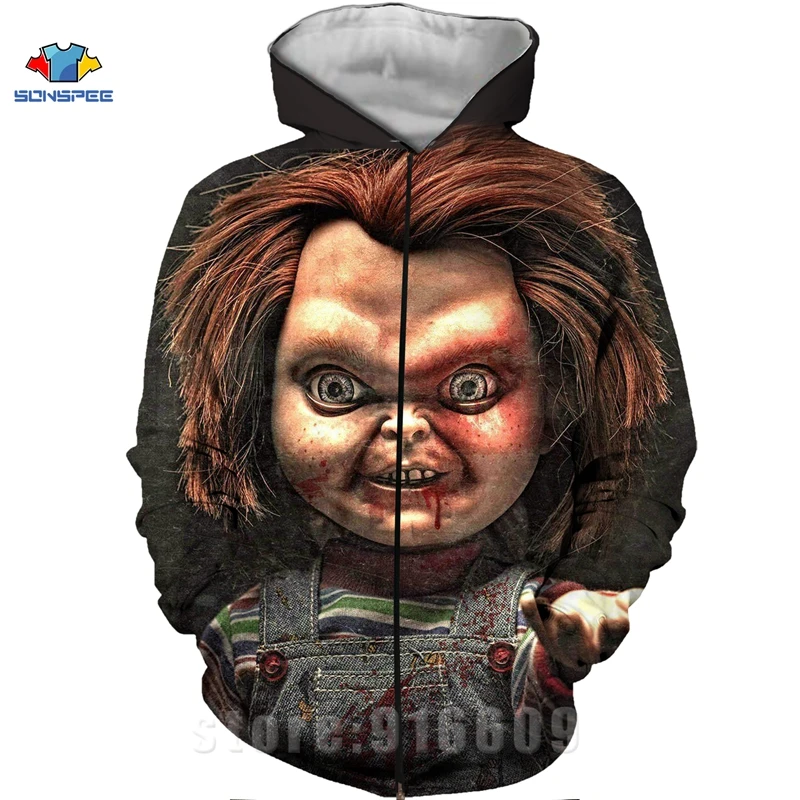 

Newest Horror Movie Chucky 3D Hoodies Mens Fashion Joker Zipper Clown Jacket Hoody Hooded Sweatshirts Outerwear Plus Size Coat