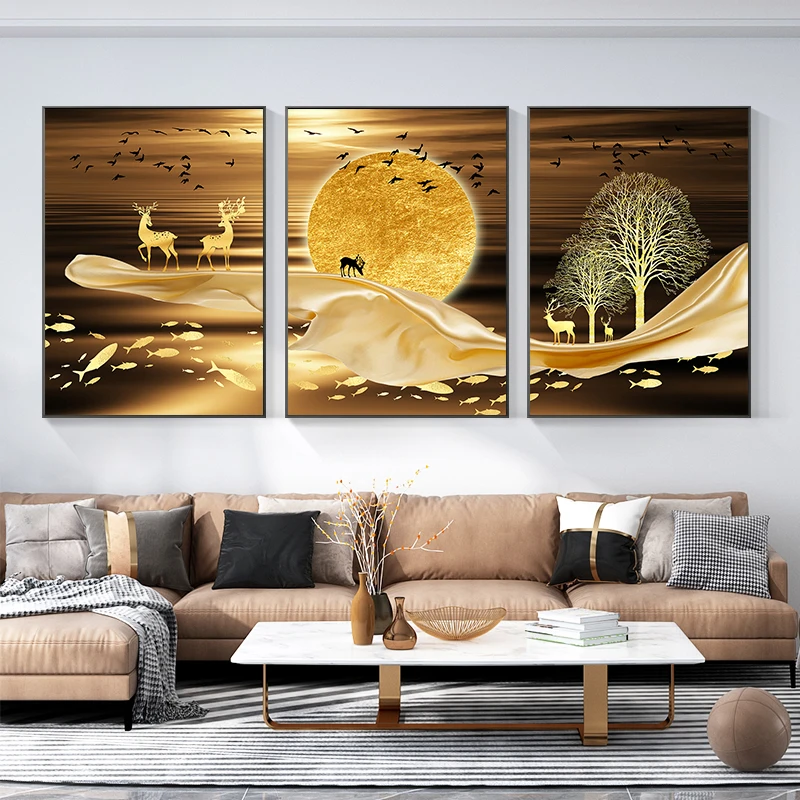

Golden Moon and Elk Abstract Landscape Canvas 3 Pannel Painting Luxury Wall Art Poster and Prints Living Room Home Decor Picture