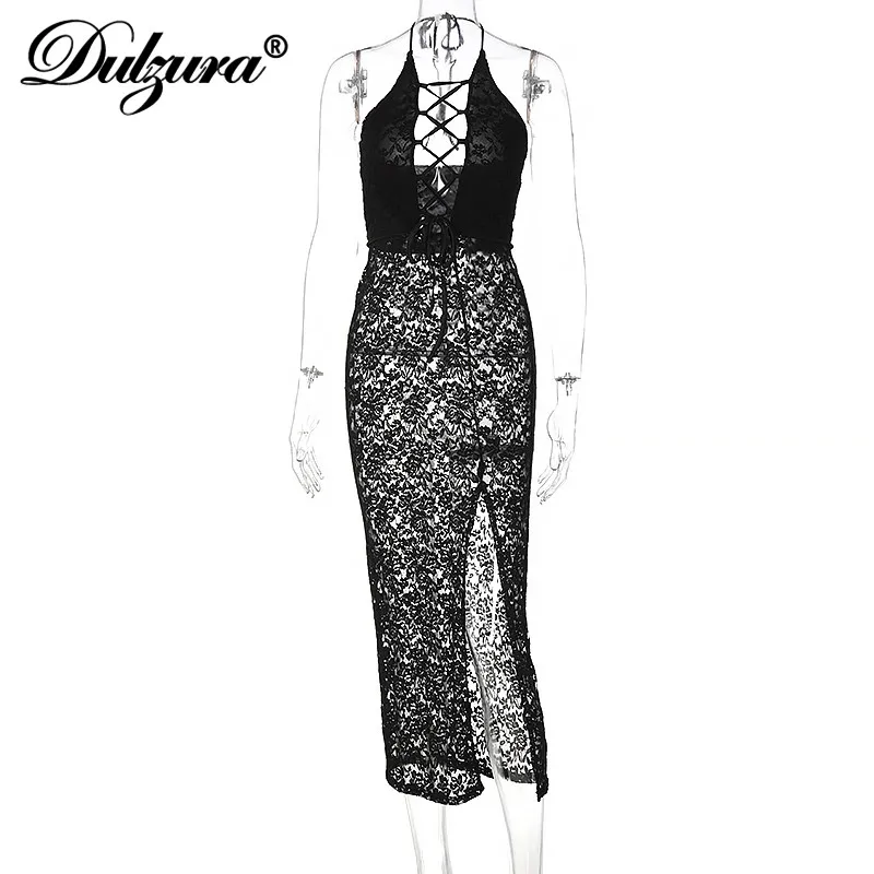 

Dulzura Lace Patchwork Halter Midi Dress See Through Lace Up Hollow Out Slit Bodycon Sexy Streetwear Party Club 2021 Summer