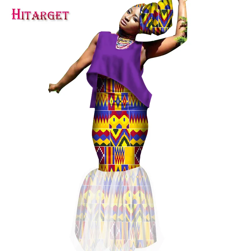 

2020 Bazin African Wax Prints Dresses and Top for Women Dresses 2 Pieces set with Head Tie Dashiki maxi dress WY1609