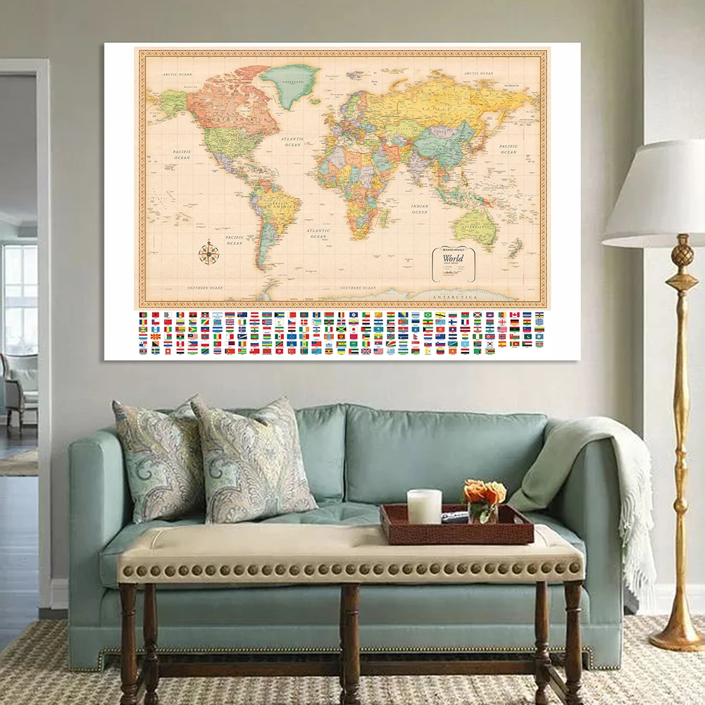 

225*150cm The World Political Map with National Flag Retro Poster Non-woven Canvas Painting Classroom Home Decor School Supplies