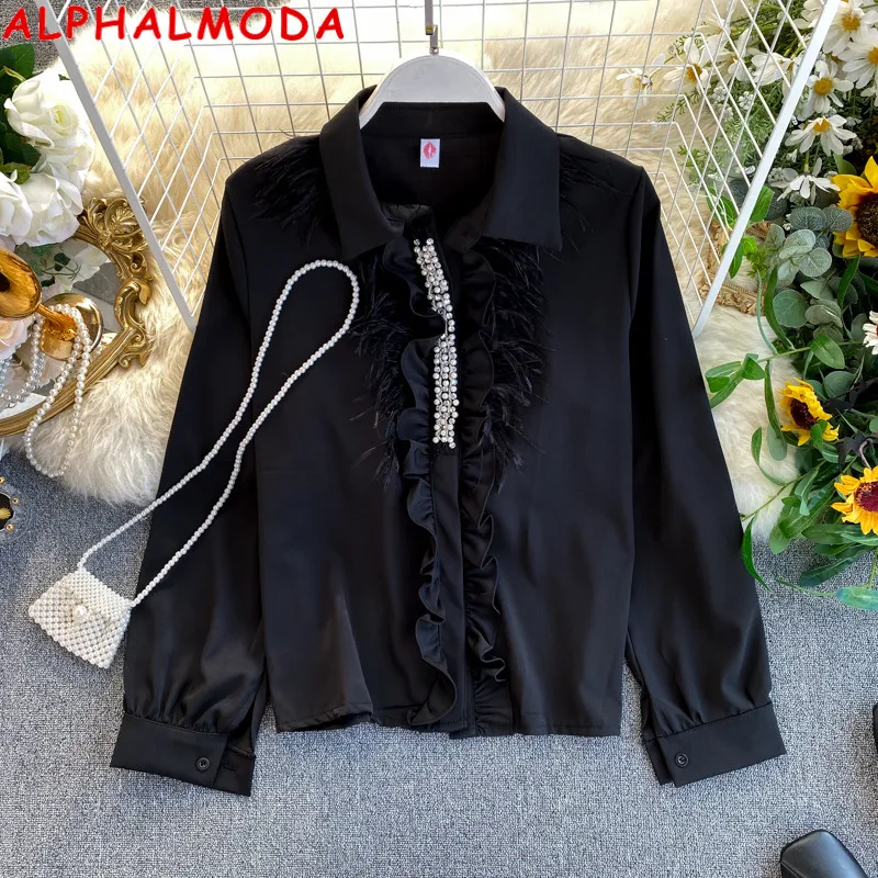 ALPHALMODA 2020 Весенняя женская модная блузка с отделкой бисером и оборками рубашка