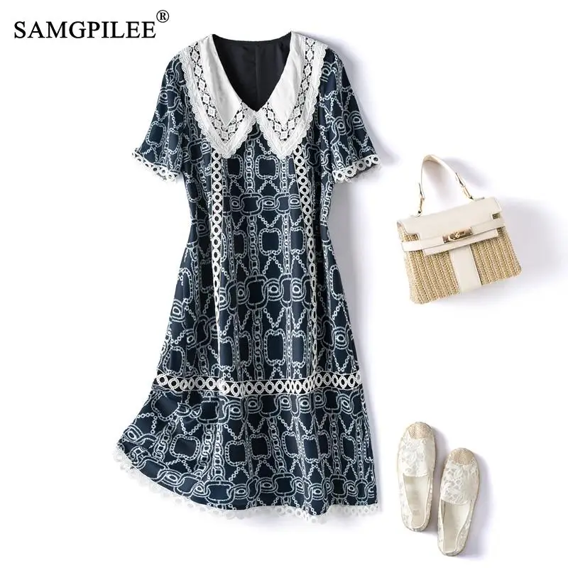 

summer New 2021 Women Dresses Fashion Crochet Hollow Peter Pan Collar Retro A-line Short Sleeve Thin Knee Length Dress Woman