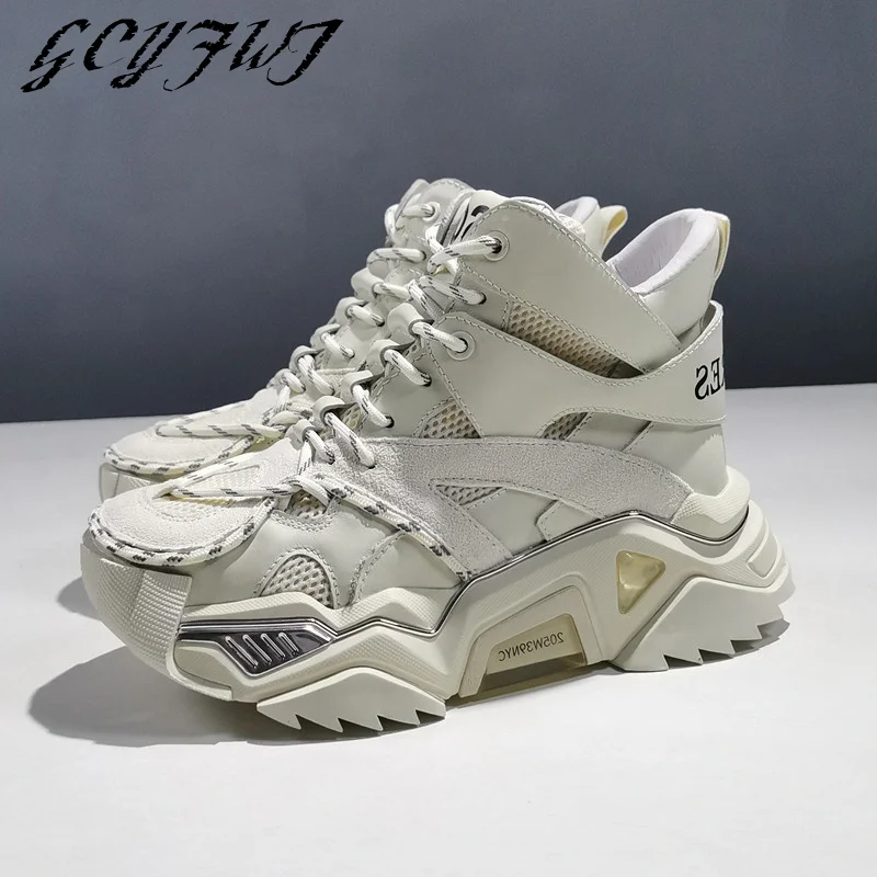 

Women Sneakers Genuine Leather Shallow High-Top Lace-Up Thick Bottom Zapatos Mujer Casual Round Toe Flat Platform Ladies Shoes