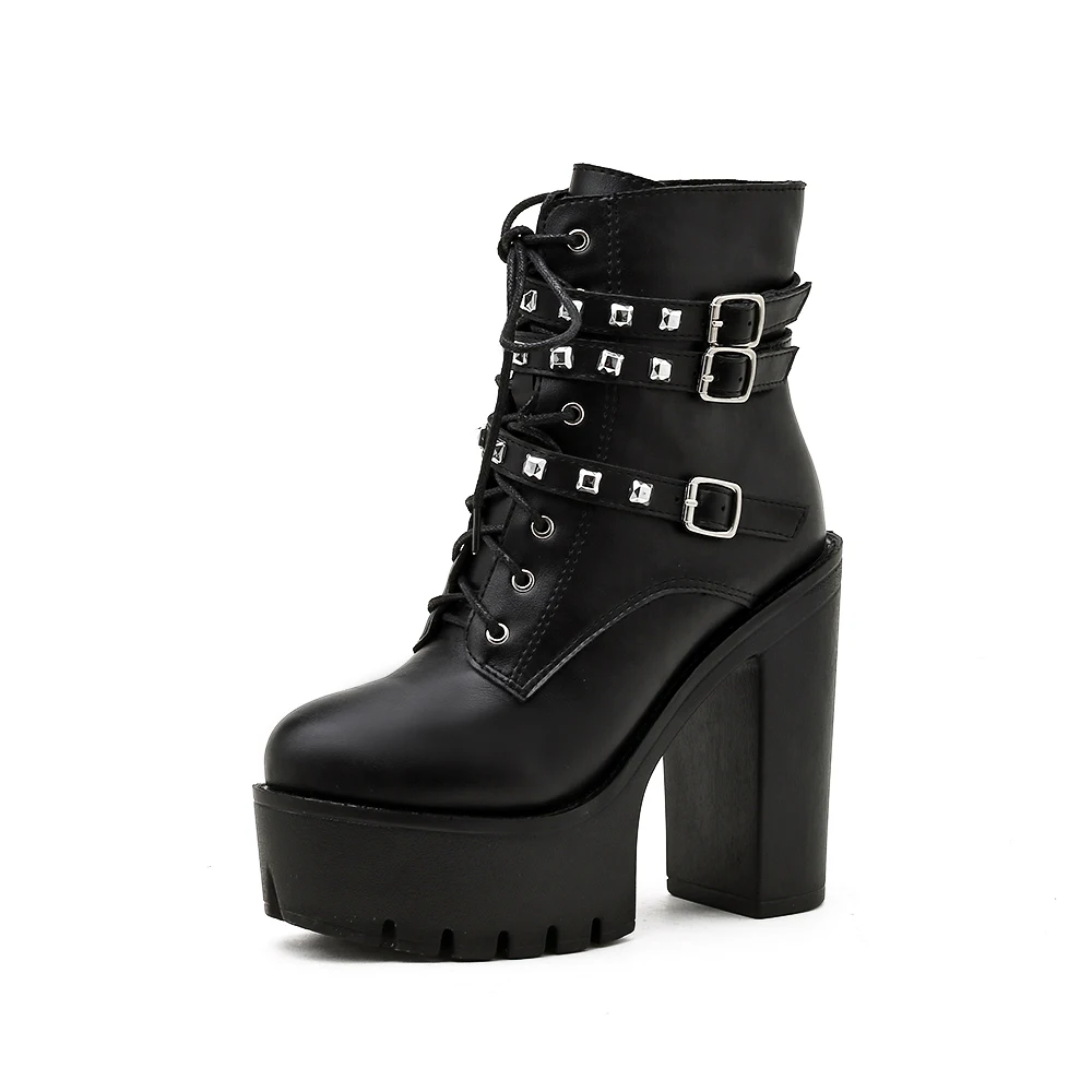 

Winter Round Toe Women's Boots Thick Heel Platform Rivet Lace Boots Shoes