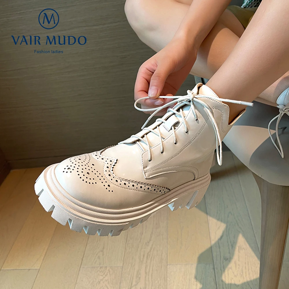 spesifikasi VAIR MUDO Sepatu Bot Modis Musim Semi Musim Gugur Sepatu Wanita Hitam Putih Berenda Elegan Ringkas Sebaris Sepatu Ujung Bulat Wanita WM-X56