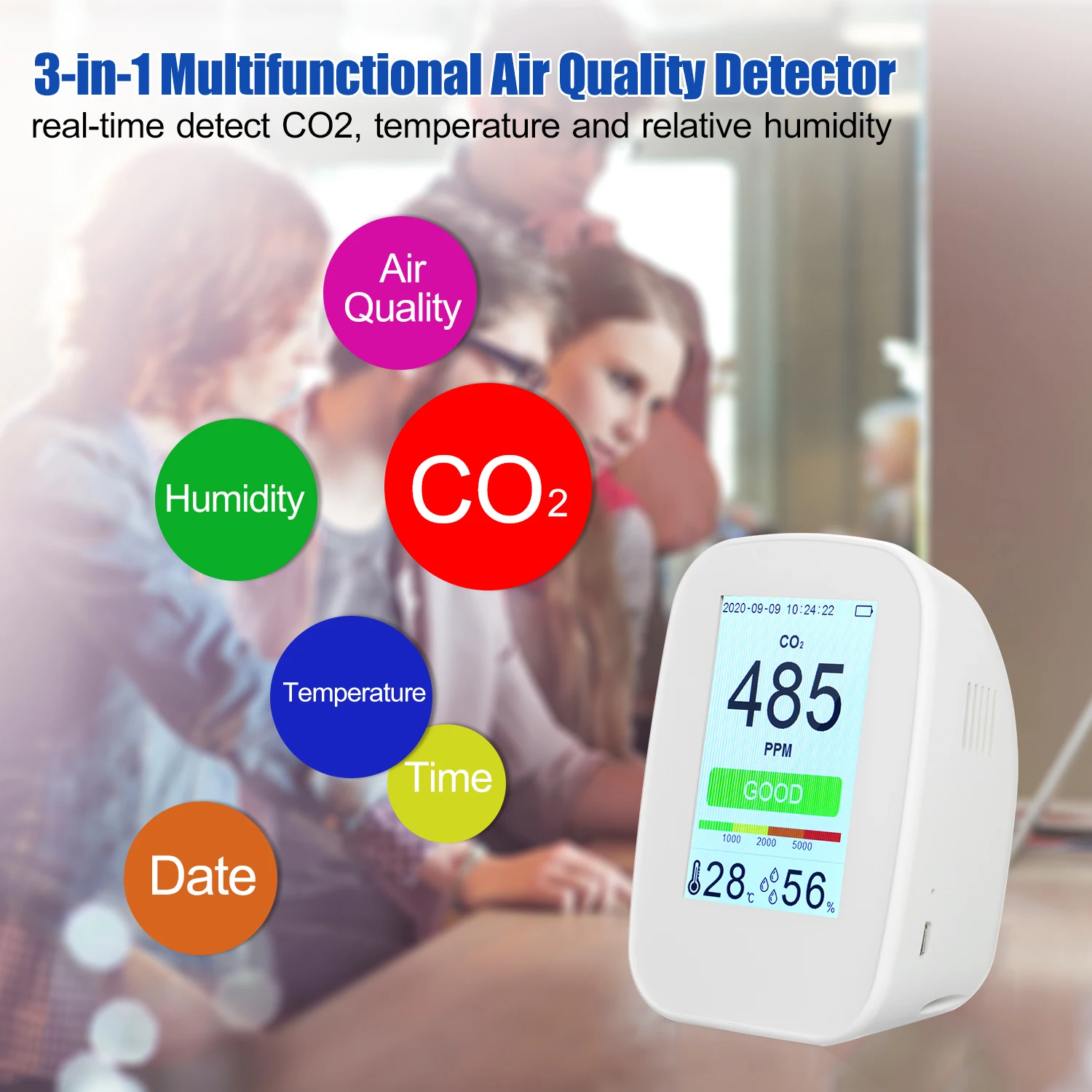 

3-in-1 Multifunctional Digital Air Quality Monitor Gas Detector Outdoor Rechargeable CO2 Meter Temperature Humidity Tester