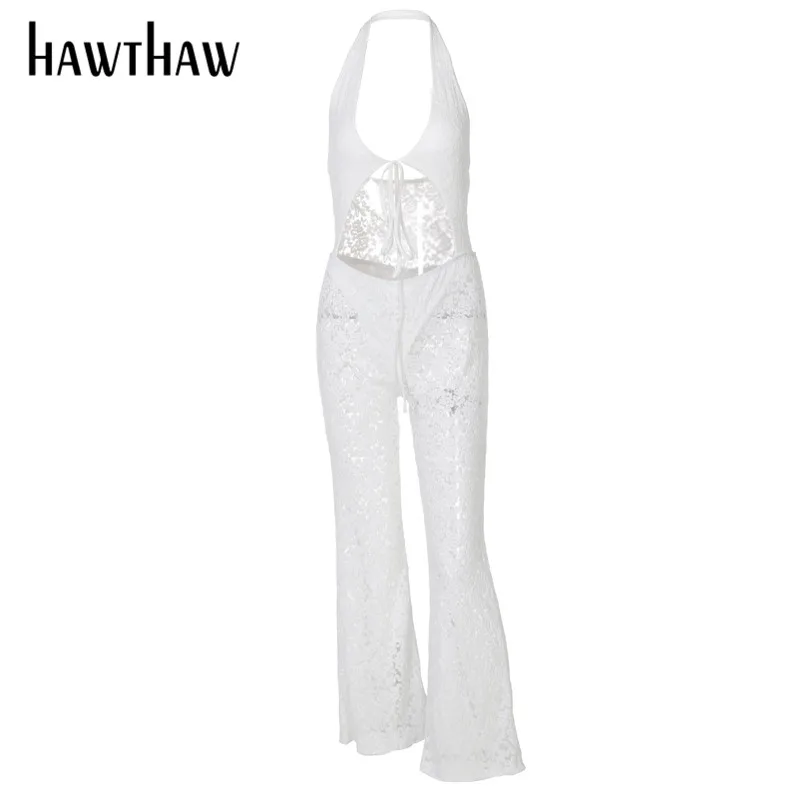 

Hawthaw Women Summer Halter Sleeveless V Neck Hollow Out Lace See Through Jumpsuit Overall 2021 Female Clothing Streetwear