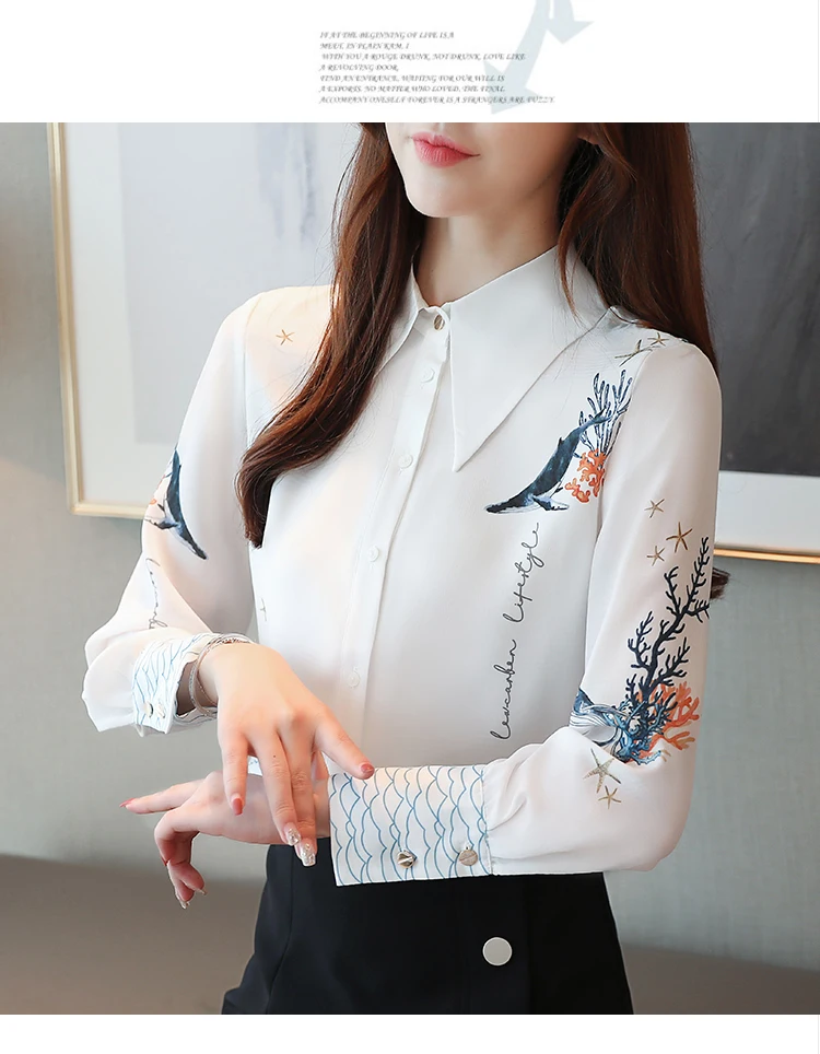 Осенняя женская блузка, женские топы, шифоновая блузка, рубашки для женщин, топы, белая рубашка, с принтом, на пуговицах, blusas mujer de moda 0265