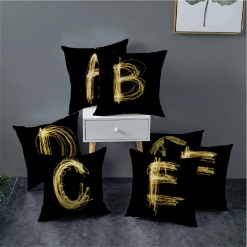 Black And Gold A-Z 26 Letters Cushion Cover Polyester Pillow Case Throw Covers Home Sofa Room Decor cushion cover | Дом и сад