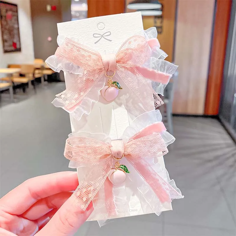 

ncmama 2PCS/Set Girls Cute Chiffon Lace Bow Pendant Hair Clips Kids Sweet Hair Bands Headband Hairpins Fashion Hair Accessories