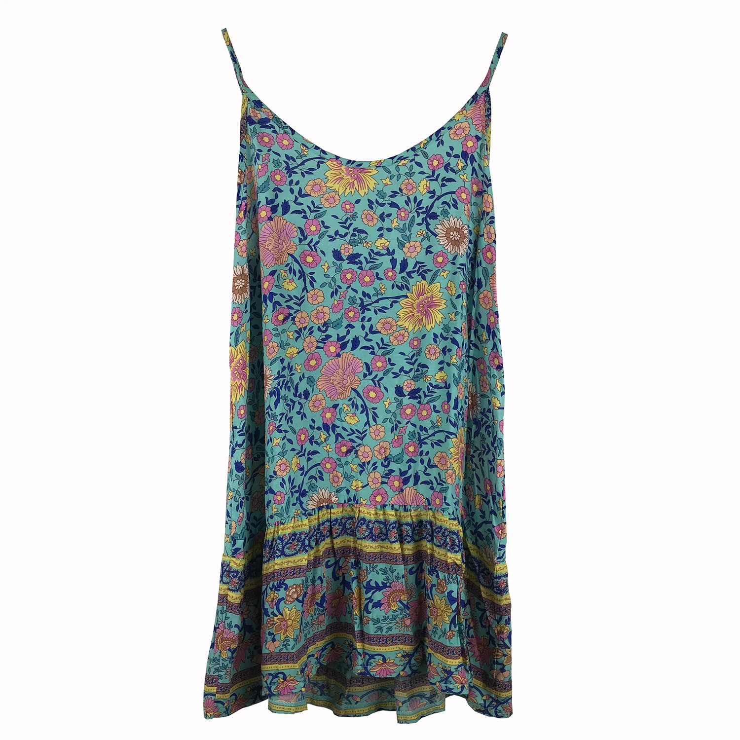 

Floral Printed Girls Beach Dress Blue Color Summer Slip Dress Mini Ruffles SunDress