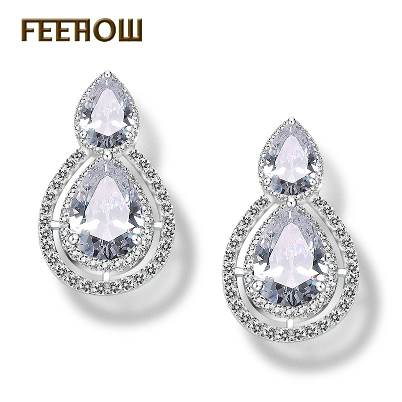 Женские серьги пусеты FEEHOW элегантные с цирконием подарочные FWEP043|stud earrings|women stud