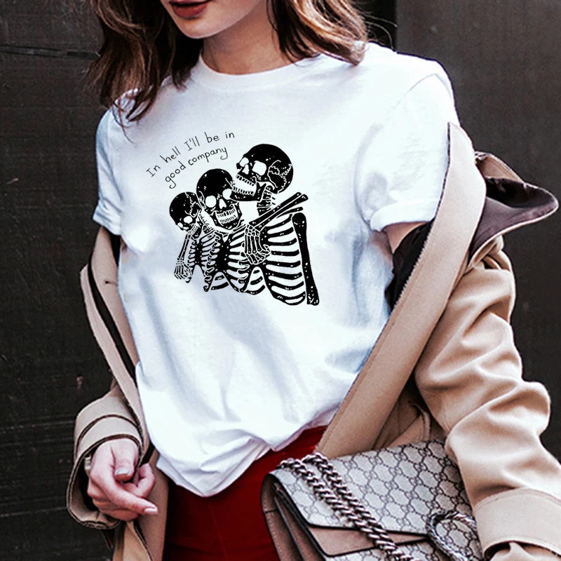 HAHAYULE-JBH в ад я буду хорошая компания три Скелет Графический Футболка Harajuku