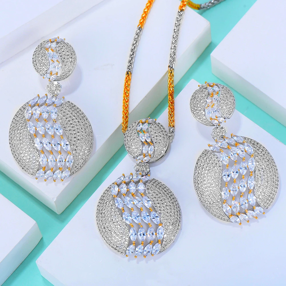 

JIMBORA 2020 новый супер роскошный круглый кулон блестящее ожерелье серьги набор для женщин свадебный кубический цирконий чокер комплект ювелир...