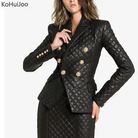 Женский кожаный пиджак KoHuiJoo, модельный Модный облегающий пиджак из искусственной кожи с золотыми пуговицами, мотоциклетные черные байкерс...